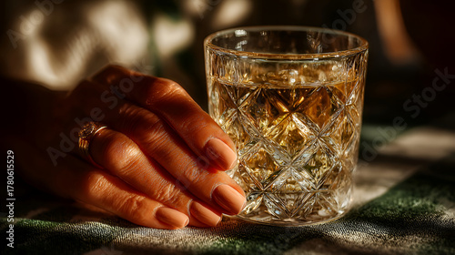 Woman's Hand with Golden Ring Beside Crystal Whiskey Glass on Green Plaid Fabric