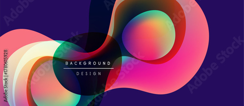 Abstract fluid shapes overlap, creating vibrant color gradients. Dark purple background emphasizes flowing design elements. Modern aesthetic.