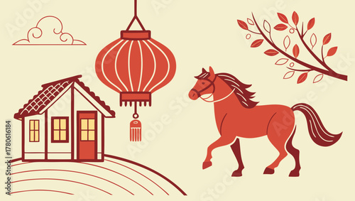 A charming illustration featuring a horse, house, lantern, and cloud design