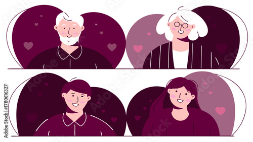 Four cartoon portraits of couples with hearts