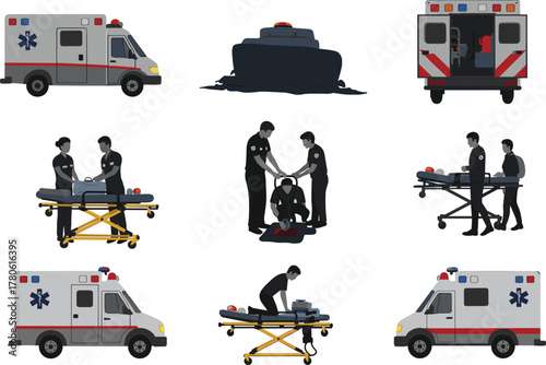 Ambulance vector illustration with paramedics performing CPR, transporting patient on stretcher, emergency rescue service, healthcare response, and first aid medical team concept