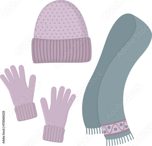 Set of knitted hat, mittens and scarf with ornamental pattern. Winter accessories in soft lilac and blue tones. 