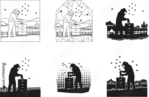 Beekeeper working with beehive vector illustration, apiculture concept, honey production, rural beekeeping scene, honeybee care, natural farming and organic honey industry design