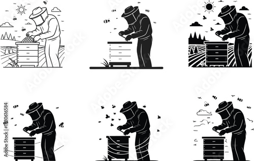 Beekeeper inspecting beehive vector illustration, honey production process, rural apiary care, apiculture farming, organic honey industry, honeybee maintenance, beekeeping work and agriculture scene