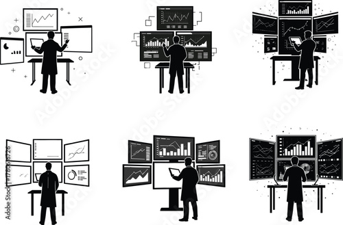 Business analyst monitoring data dashboards, financial statistics and analytics reports on multiple screens, technology data visualization vector 