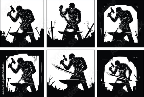 Blacksmith forging sword on anvil, powerful craftsman silhouette, medieval weapon creation, strength and skill concept, fantasy warrior art vector illustration design