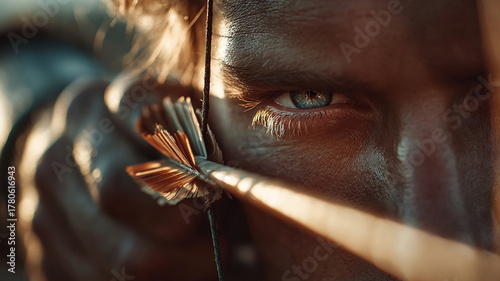 Close up of focused person aiming arrow with extreme precision and energy, capturing intense concentration and skill involved in this sports activity