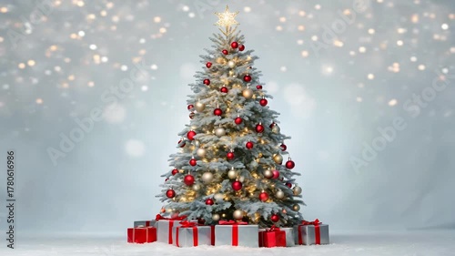 Christmas tree and snow background. Gorgeou elegant Christmas tree with gifts in red and silver on a panoramic snow motion video