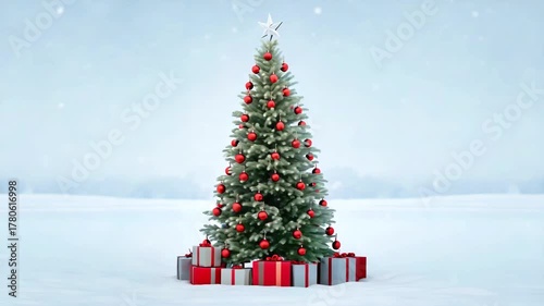Christmas tree and snow background. Gorgeou elegant Christmas tree with gifts in red and silver on a panoramic snow motion video