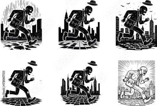 Businessman running through city streets, urban rush hour concept, late for work, stress and speed in modern lifestyle vector illustration design