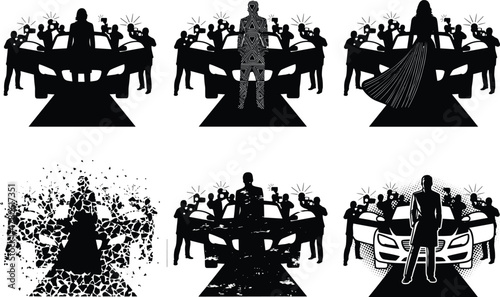 Celebrity paparazzi red carpet silhouette vector illustration, glamour event scene with luxury car, flash photography, fame and spotlight concept, fashion background design