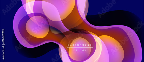 Abstract fluid shapes overlap, creating vibrant color gradients. Purple, orange, blue hues blend seamlessly. Modern design element.