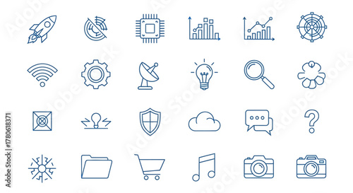 Collection of minimal line icons representing various business startup and technology concepts