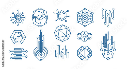 Collection of futuristic geometric icons representing technology and science themes