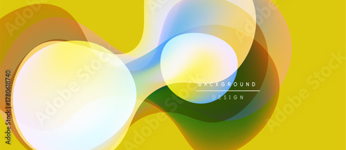 Abstract fluid shapes overlap, creating vibrant color blends. Yellow backdrop emphasizes dynamic composition, modern design elements.