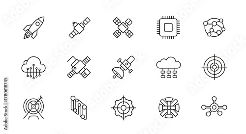 Doodle vector illustration of space satellite technology and cloud computing networking system