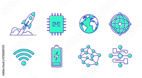 Aesthetic innovation icons set showcasing diverse aspects of technology and progress