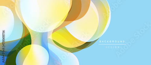 Abstract circles overlap, creating vibrant layers. Yellows, blues, browns blend on light blue backdrop. Modern design element.