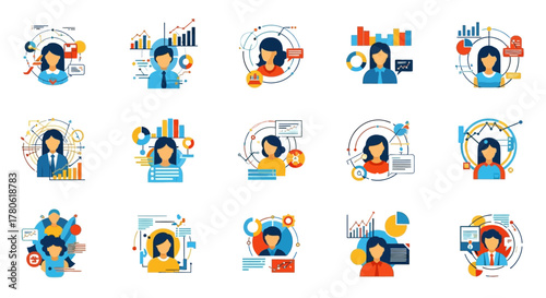 Diverse business professionals in data-driven roles navigating analytical landscapes for corporate