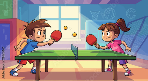 Cartoon woman in warrior pose on yoga mat in bright room.