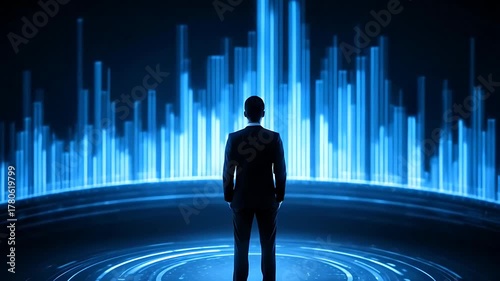 Man in Suit Facing Futuristic Cityscape Projection.