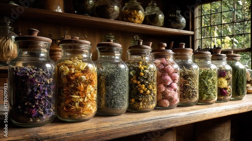 Assortment of Dried Herbal Teas in Glass Jars on Rustic Shelf