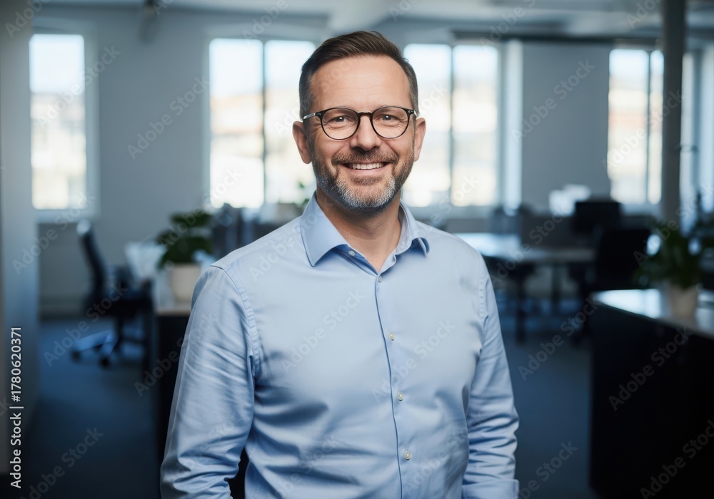 Obraz premium Smiling middleaged man glasses wearing a blue shirt in an office environment