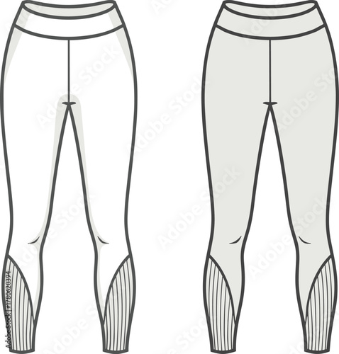 Athletic leggings vector illustration, sportswear fashion design template, activewear clothing outline drawing, fitness apparel sketch, women workout pants, gym wear garment, textile pattern reference