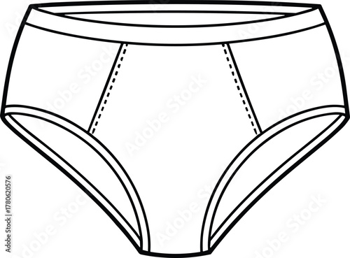 Vector illustration of briefs underwear technical flat sketch, fashion garment design template, clothing construction drawing with waistband, seam details, front and back view