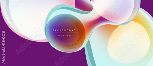 Abstract fluid shapes, vibrant colors blend. Modern design, smooth gradients create dynamic composition. Purple backdrop enhances visual impact.