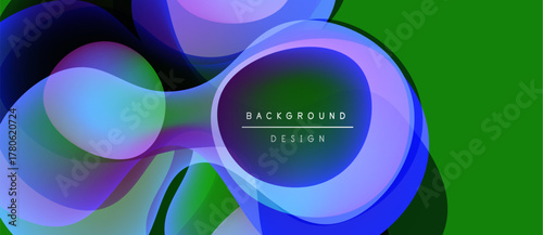 Abstract fluid shapes overlap, creating vibrant color gradients. Green background complements blue, purple hues. Modern design element.