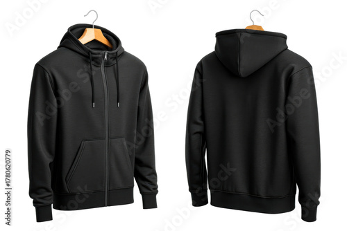 Black zip up hoodie front back wooden hanger apparel, cut out transparent