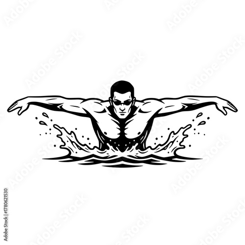 Dynamic Swimmer in Action - Butterfly Stroke Black and White Outline Vector generative ai