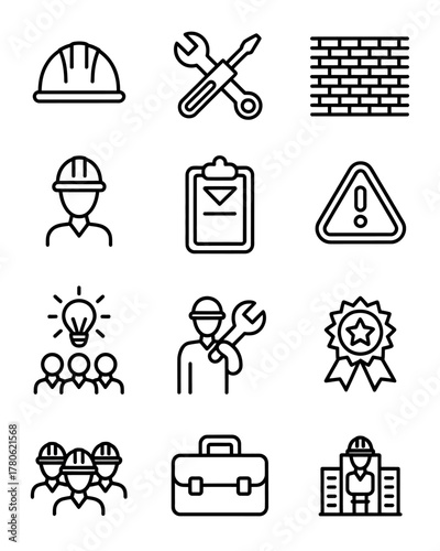 Construction and Building Icon Set Outlining Safety Tools and Workers Illustrations Engineering and Development Conceptual Images