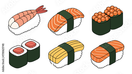 Delicious Assortment of Sushi Nigiri Featuring Salmon Shrimp Egg and Tuna for a Culinary Adventure Food Illustration