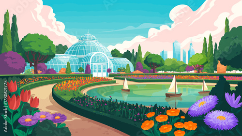 Beautiful Botanical Garden with Greenhouse Lake and Sailboats City Skyline in the Background Serene Peaceful Illustration