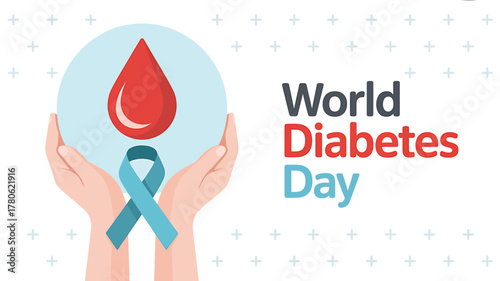World Diabetes Day Awareness Illustration with Blood Drop and Blue Ribbon for Support and Prevention
