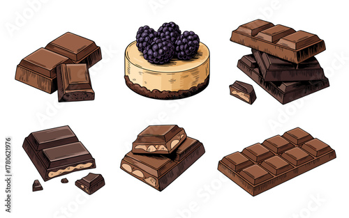 Assortment of Delicious Chocolate Bars and Blackberry Cheesecake Food Photography for Sweet Treats and Dessert Lovers Delightful Indulgence and Cacao Goodness