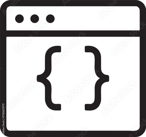 Web browser window silhouette with code brackets { }, minimal linear vector, programming icon.