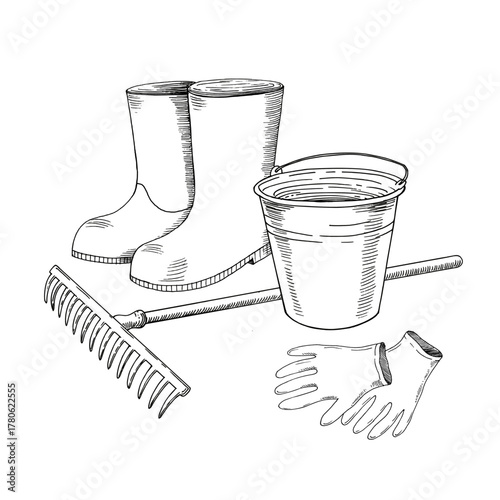 Composion of boots, bucket, rake and gloves. Vector ink styled handmade illustration. For packaging design, cards, cover, prints, product labels and fabric.