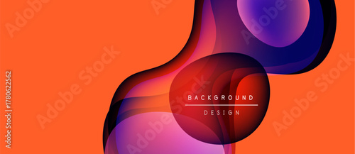 Abstract fluid shapes overlap, creating vibrant color gradients. Orange background complements purple, red hues. Modern design element.