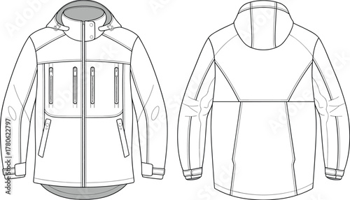 Hooded jacket technical sketch, fashion CAD drawing, garment design vector, outerwear illustration, apparel template, zipper detail