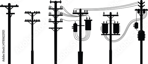 Electric utility pole collection with transformers and power lines, silhouette set black vector illustration