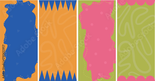 colorful abstract vector background set featuring four vertical panels with playful organic swirl patterns and geometric edges. Each panel uses bold contrasting colors.