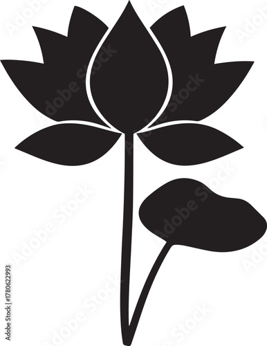 Elegant black lotus flower silhouette, a minimalist design symbolizing purity, spiritual awakening, and serene tranquility, ideal for graphic design and peaceful visual branding projects