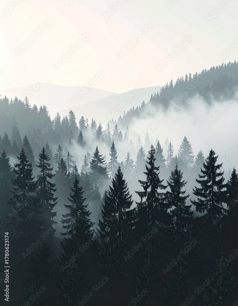 Obraz premium Foggy Pine Forest Silhouettes Aesthetic Mobile Wallpaper