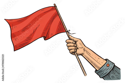 Hand holding a waving red flag on a stick