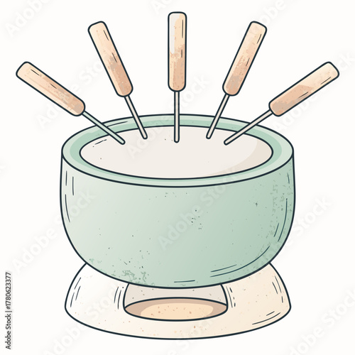 Fondue pot with skewers on a white background  