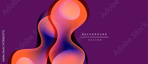 Abstract fluid shapes overlap, creating vibrant color gradients. Purple background enhances dynamic visual effect. Modern design element.
