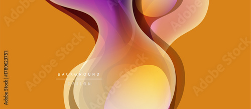 Abstract fluid shapes blend, creating warm orange, purple hues. Modern design evokes movement, energy, visual interest. Background features text elements.
